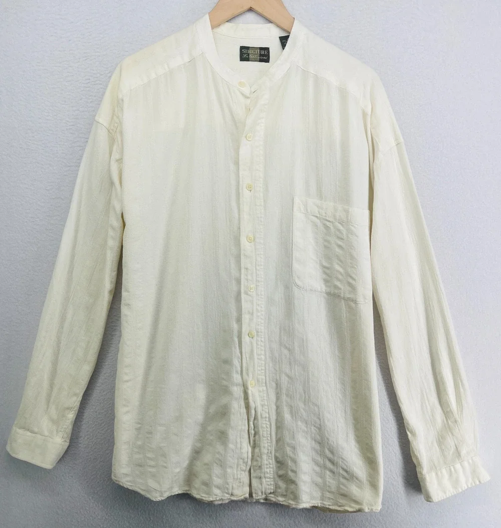 STRUCTURE Shirt Mens XL Cotton Dobby Striped Band Collar Button Up Off White VTG